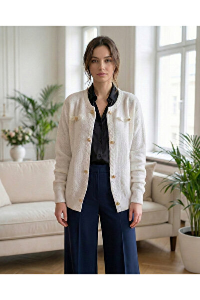 T Guel Women's White Gold Buttoned Soft Cardigan