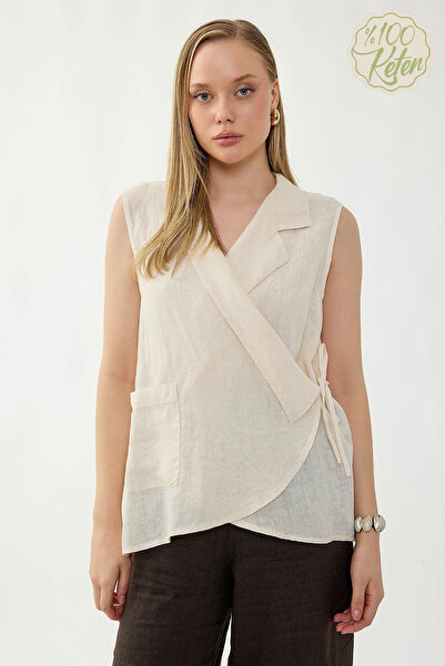 Vitrin 100% Linen Double-Breasted Collared Tie-Back Blouse