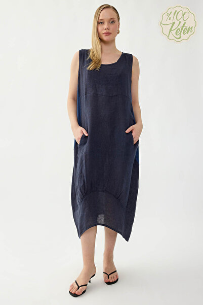 Vitrin 100% Linen Round Neck Zero Sleeve Dress with Pockets