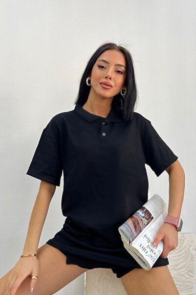 Buteks Siyah Spor Polo Yaka Düğmeli Pamuklu Casual Kısa Kollu Regular Fit T-s...