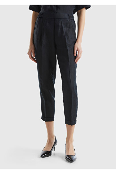 United Colors of Benetton Γυναικείο μαύρο 100% λινό ελαστικό παντελόνι μέσης