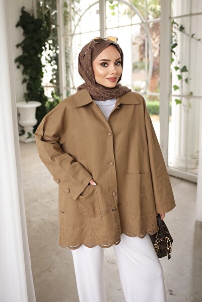 İmajButik سترة مطرزة بتنورة من فرو المنك G قماش غبردين