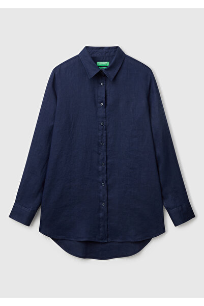 United Colors of Benetton Kadın Koyu Lacivert %100 Keten Gömlek