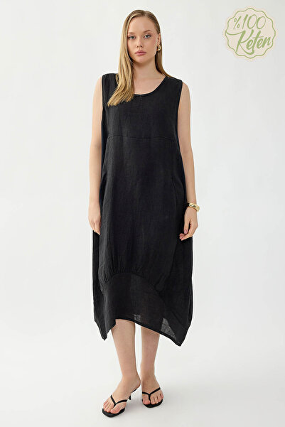 Vitrin 100% Linen Round Neck Zero Sleeve Dress with Pockets