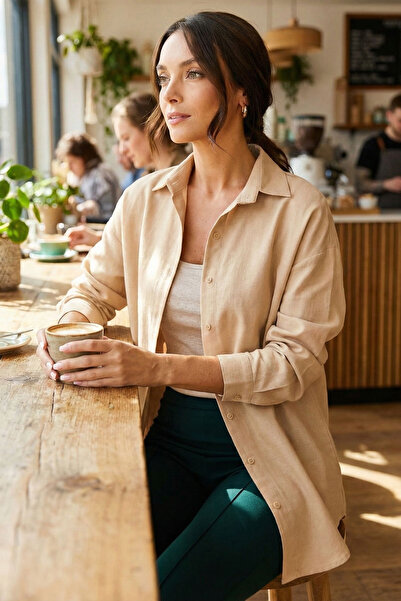 armonika Γυναικείο πουκάμισο κρεμ Oversize Long Basic ARM-22Y001118