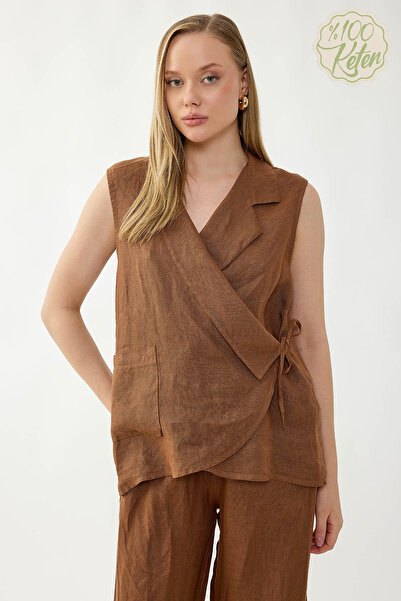 Vitrin 100% Linen Double-Breasted Collared Tie-Back Blouse