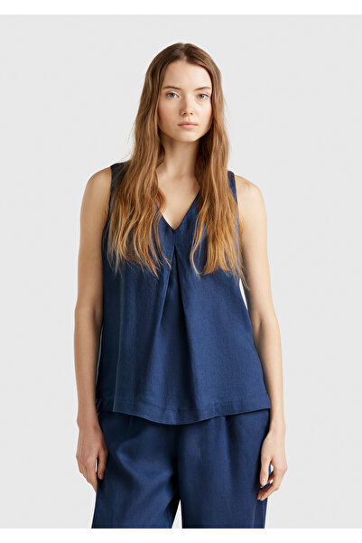 United Colors of Benetton Γυναικεία μπλούζα Τζιν 100% Λινό με λαιμόκοψη V, αμ...