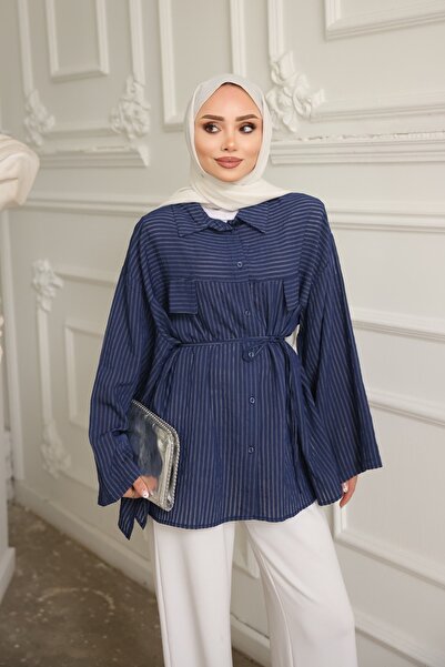 İmajButik قميص أزرق داكن مخطط مقاس كبير Ip B بأربطة