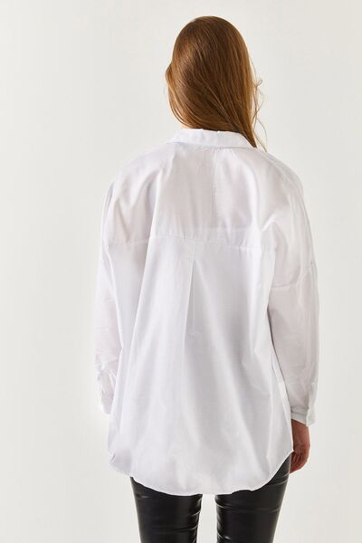 armonika Oversize Uzun Basic Gömlek - Beyaz