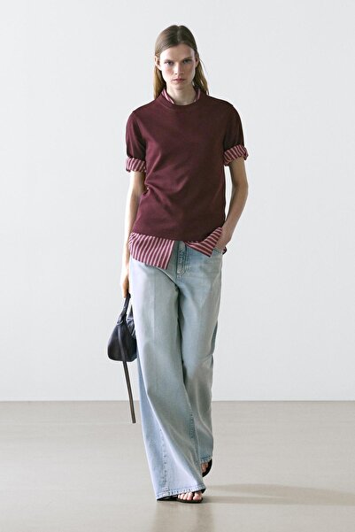 Massimo Dutti İnterlok bisiklet yaka %100 pamuklu t-shirt