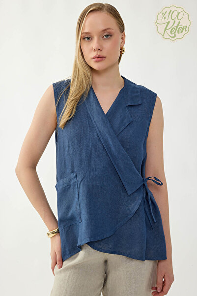 Vitrin 100% Linen Double-Breasted Collared Tie-Back Blouse