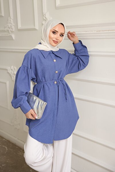 İmajButik Indigo Kendiri D Patterned Thread Detailed Shirt