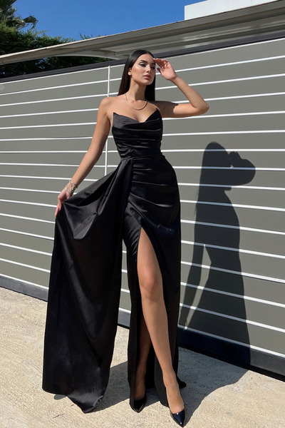 Sindimoda Straplez Ön Detay Saten Abiye