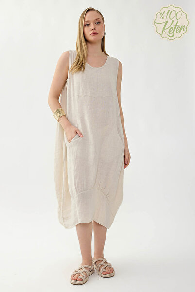 Vitrin 100% Linen Round Neck Zero Sleeve Dress with Pockets