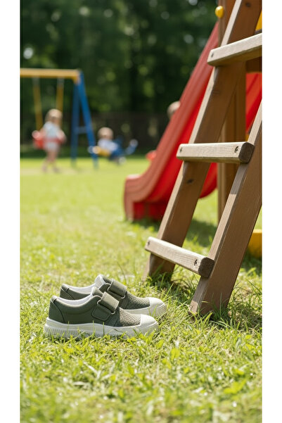 RMY SHOES حذاء رياضي مريح للأطفال من الجنسين باللون الكاكي مزود بشريط فيلكرو