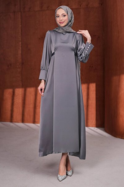 İmajButik Gray Satin Evening Dress with Cufflinks and Belt at Waist