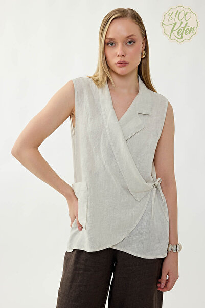 Vitrin 100% Linen Double-Breasted Collared Tie-Back Blouse