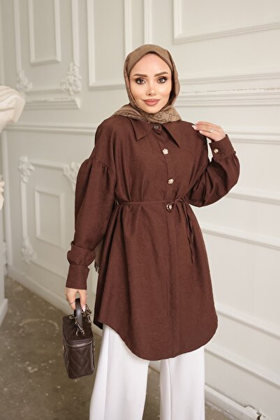 İmajButik Brown Self-Detailed Shirt with Patterned Strands