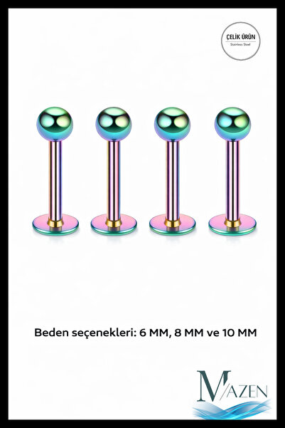 MAZEN 316l Cerrahi Çelik 4'lü Set Tek Top Neon Tragus, Helix, Dudak Piercing