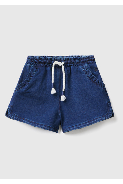 United Colors of Benetton Kız Çocuk Mix Cebi Fırfırlı Denim Şort Zürafa Desenli