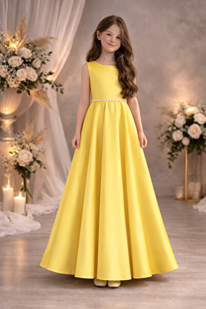 NSMLİFE Satenska haljina za devojčice sa širokim izrezom, perlama i mašnom na...