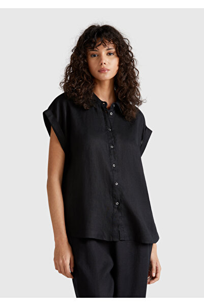 United Colors of Benetton Черна ленена риза с къс ръкав - 100% лен с детайли ...