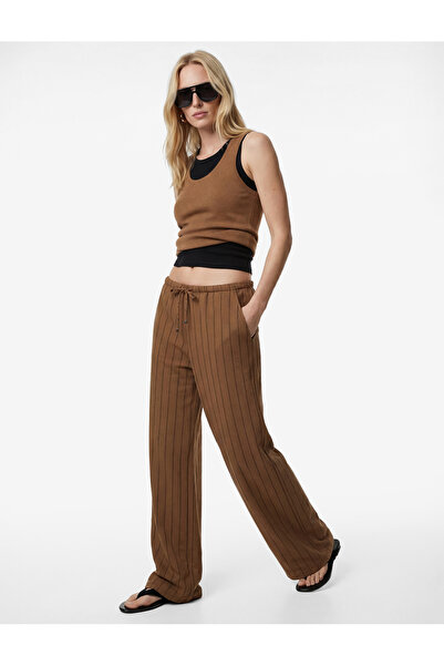 Koton Tie-Waist Modal Fabric Wide-Leg Striped Trousers with Pockets
