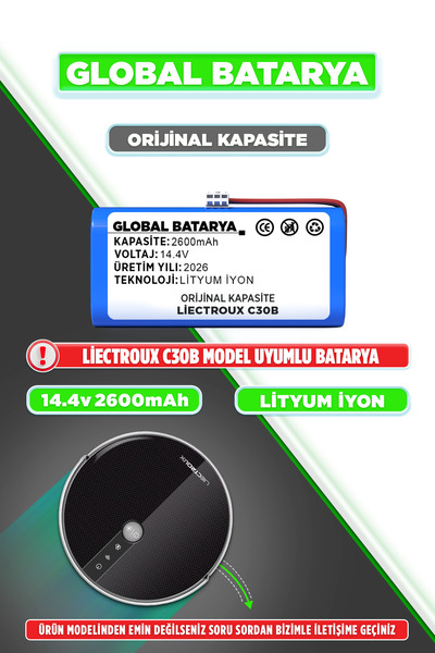 GLOBAL BATARYA Liectroux C30b Uyumlu Akıllı Robot Süpürge Bataryası 14.4v 260...