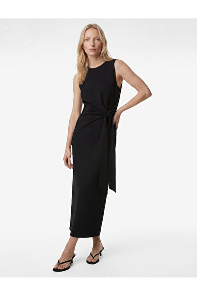 Koton Crepe Scuba Fabric Crew Neck Sleeveless Midi Dress with Tie Detail