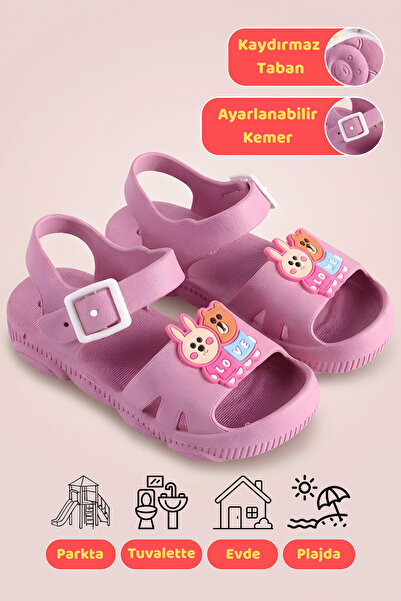 ZOLESSA Kız Çocuk Sandalet Pembe Kaydırmaz Tabanlı Hayvan Figürlü Önü Açık Gü...