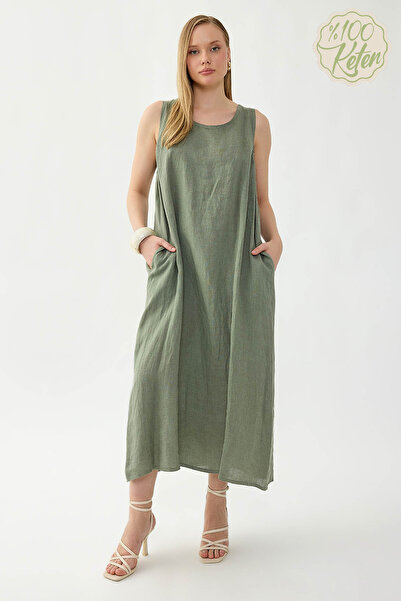 Vitrin 100% Linen Zero Sleeve Long Dress