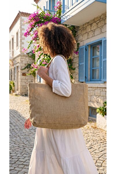 Simfa حقيبة كتف نسائية مبطنة بسحاب من القش الجوت / حقيبة الشاطئ / حقيبة كاجوا...