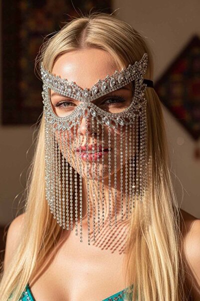 TAKIŞTIR Gümüş Renk Taşlı Parti Maskesi