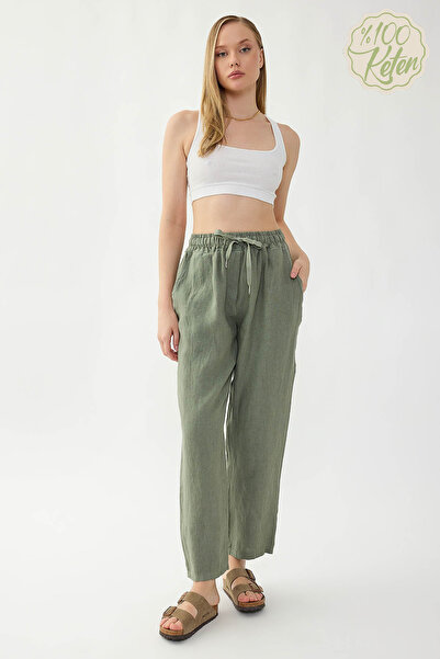 Vitrin 100% Linen Wide-Leg Trousers with Elastic Waist and Pockets