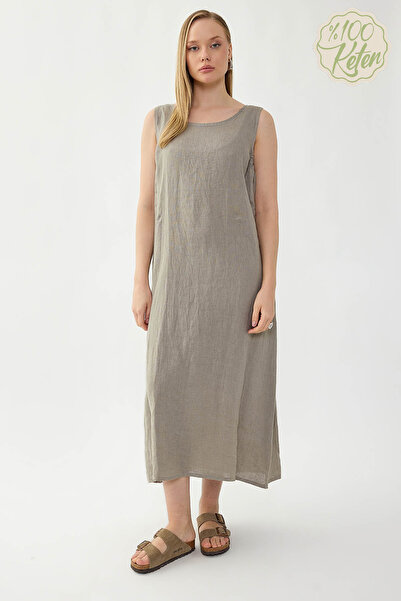 Vitrin 100% Linen Zero Sleeve Long Dress