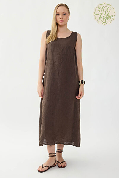 Vitrin 100% Linen Zero Sleeve Long Dress