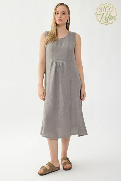 Vitrin فستان من الكتان بنسبة 100% بدون أكمام مع جيوب