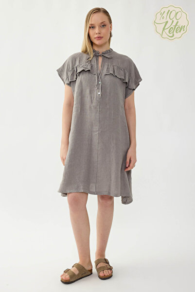 Vitrin 100% Linen Baby Collar Buttoned Short Sleeve Dress