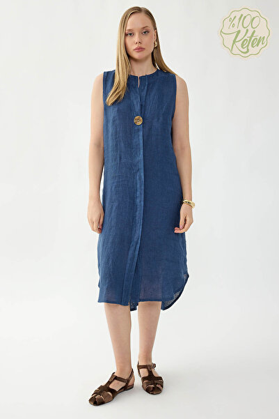 Vitrin 100% Linen Zero Sleeve Button Front Dress