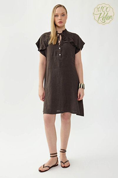 Vitrin 100% Linen Baby Collar Buttoned Short Sleeve Dress