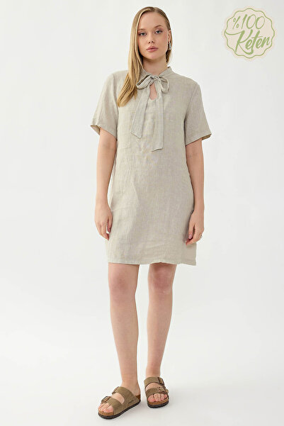 Vitrin 100% Linen Collared Short Sleeve Dress