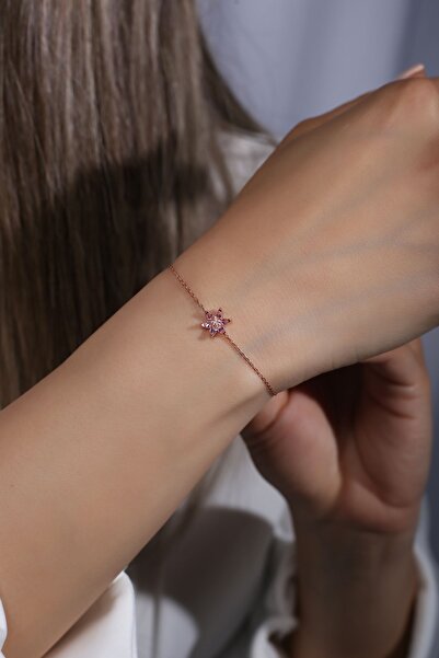 SUNSHINE 925 Ayar Rose Kaplama Pudra Pembe Taşlı Çiçek Gümüş Bileklik