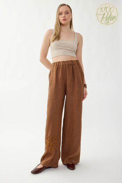 Vitrin 100% Linen Elastic Waist Floral Motif Pocket Trousers