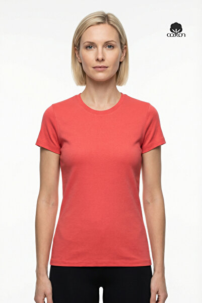 Cottonland تي شيرت نسائي من القطن الممشط بياقة دائرية 1x1 مرن وأكمام قصيرة قط...