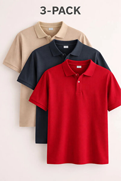 COMBİNE MİCHAİL Ανδρικό κοντομάνικο μπλουζάκι Basic 3 τεμαχίων με λαιμόκοψη πόλο