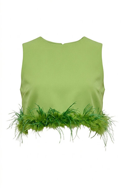 Şeyma Özer Özel Tasarım Kadın Yeşil Tüylü Crop