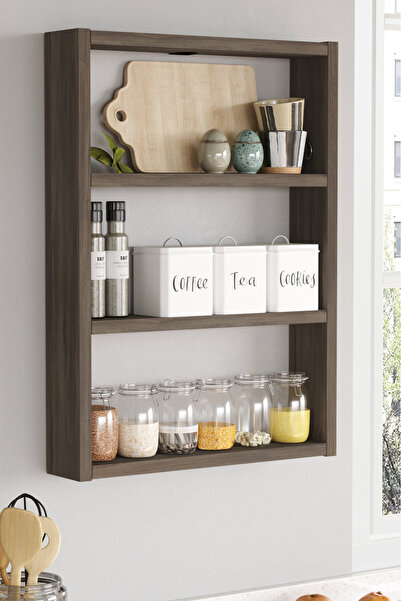 Yurudesign Pera 3'lü Duvar Rafı Mutfak Banyo Rafı Kahve Pr1-cu