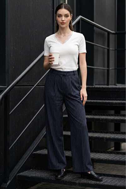 Madmext Navy Blue Striped High Waist Pleated Women's Fabric Trousers Mg2641