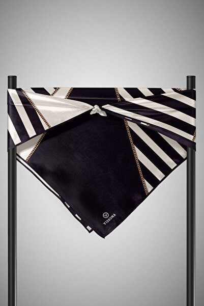 Vissona 100% حرير تويل مع سلسلة بنمط مخطط أسود - وشاح بلون الكريمي 90x90 طريق...