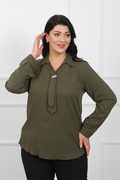 By Alba Collection Plus Size Khaki Jessica tkanina Majica - Stone Detailed